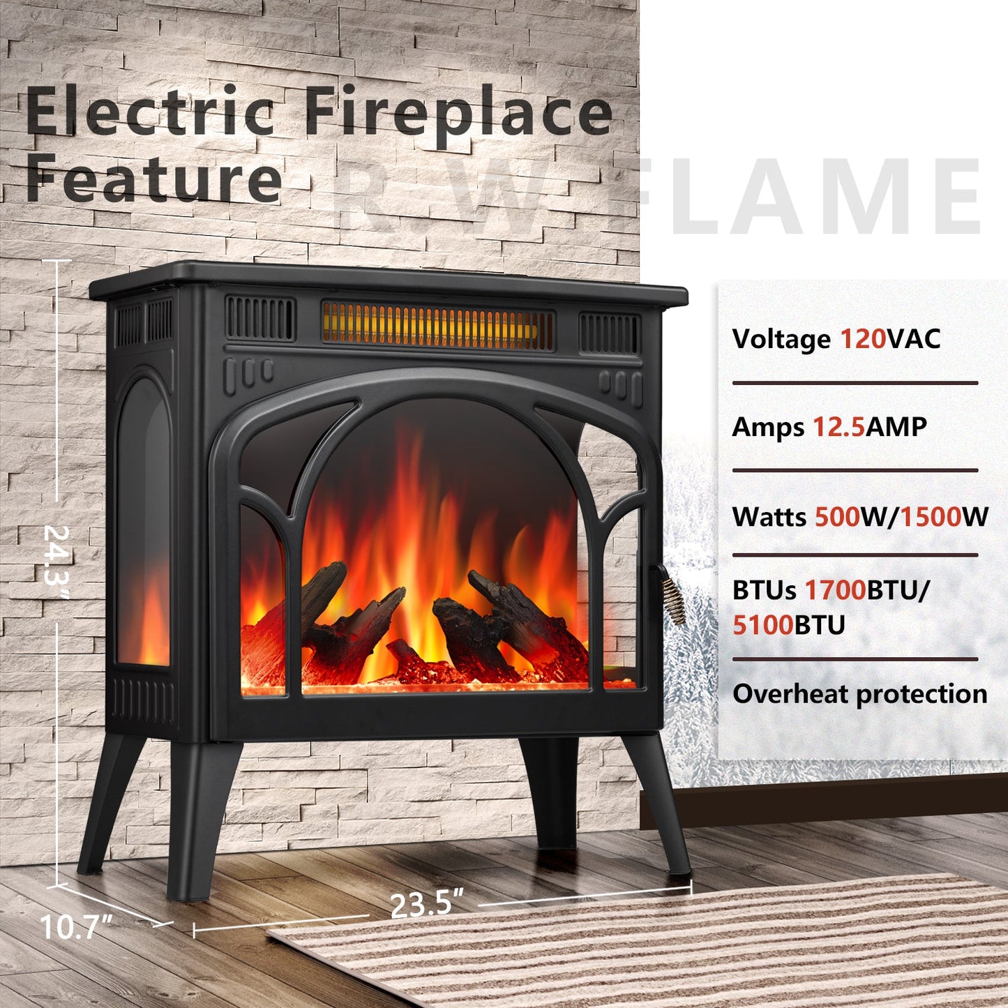R.W.FLAME 24" Black 500W-1500W Electric Fireplace Heater With 3D-Realistic Flame Effect and Different Flame Colors