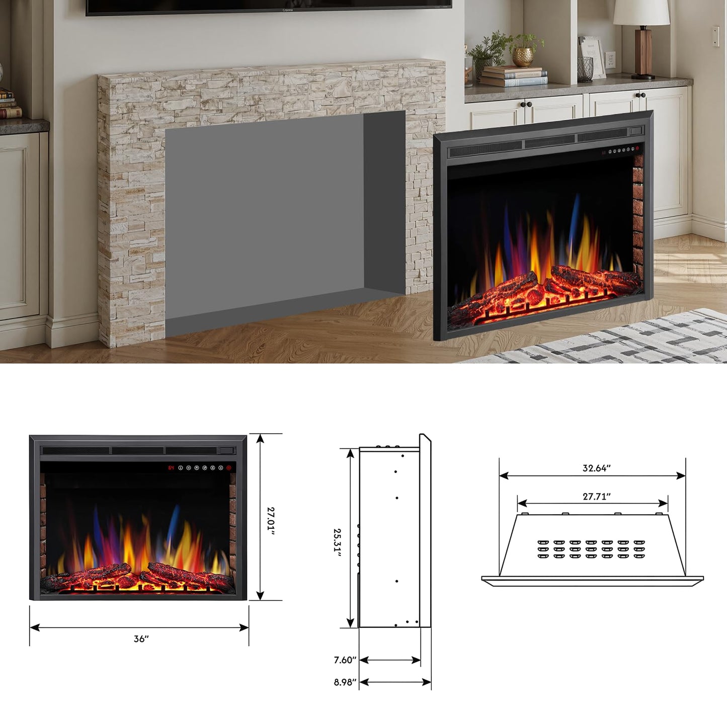 R.W.FLAME 36" Black 750W-1500W Electric Fireplace Insert With Adjustable Flame Colors, Brightness, Touch Panel and Remote Control