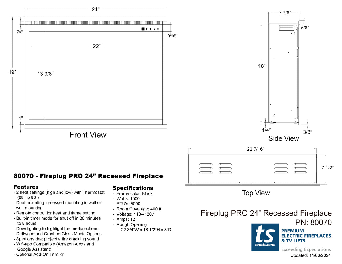 Touchstone Fireplug Pro 24" Smart Electric Fireplace Insert With Fire Crackle Sound