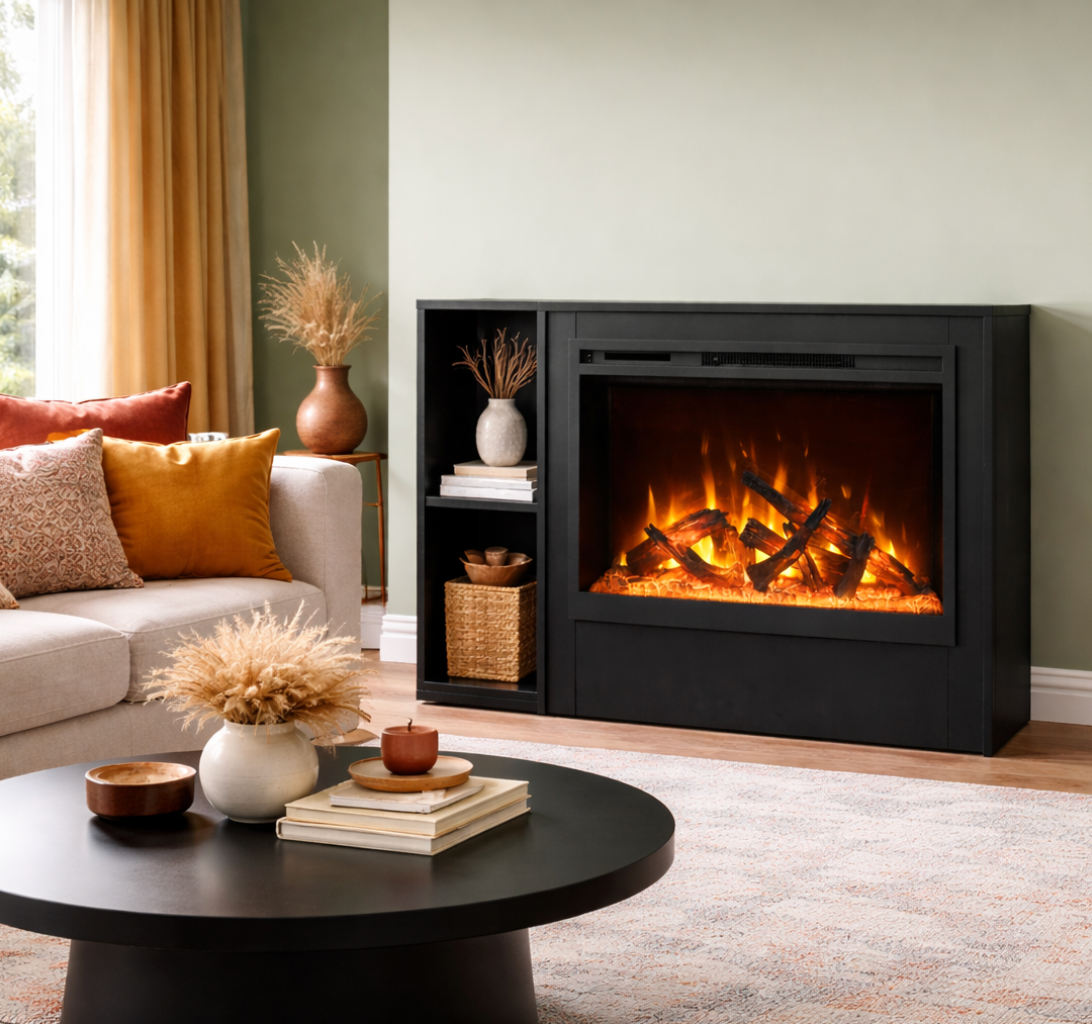 Amantii Black Contemporary Pedestal Display With Storage Compartment for 36" RusticStone Fireplace Insert