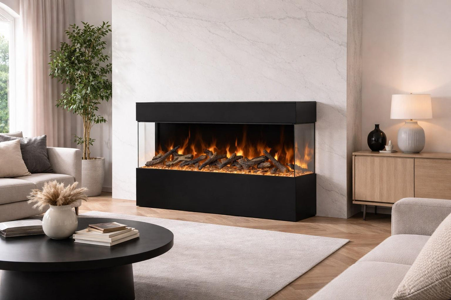 Amantii Black Contemporary Pedestal Display With Storage Compartment for 75" Tru View Bespoke Fireplace