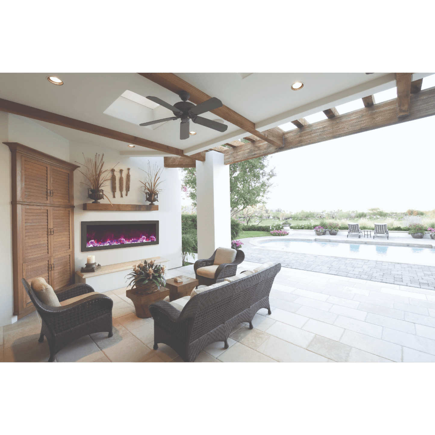 Amantii Panorama BI Slim 72" Indoor / Outdoor Full View Smart Built-in Electric Fireplace With Black Steel Surround