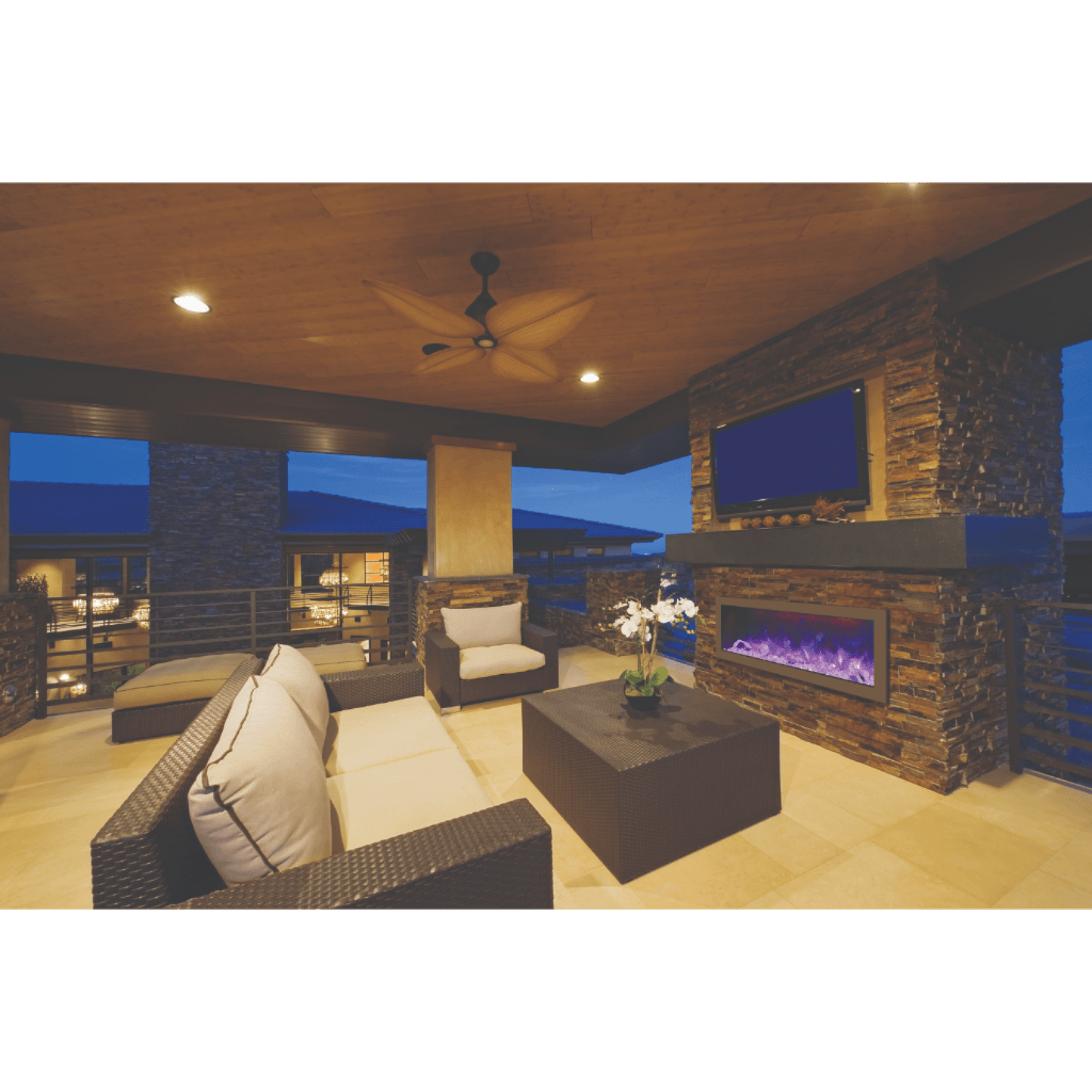 Amantii Panorama BI Slim 88" Indoor / Outdoor Full View Smart Built-in Electric Fireplace With Black Steel Surround