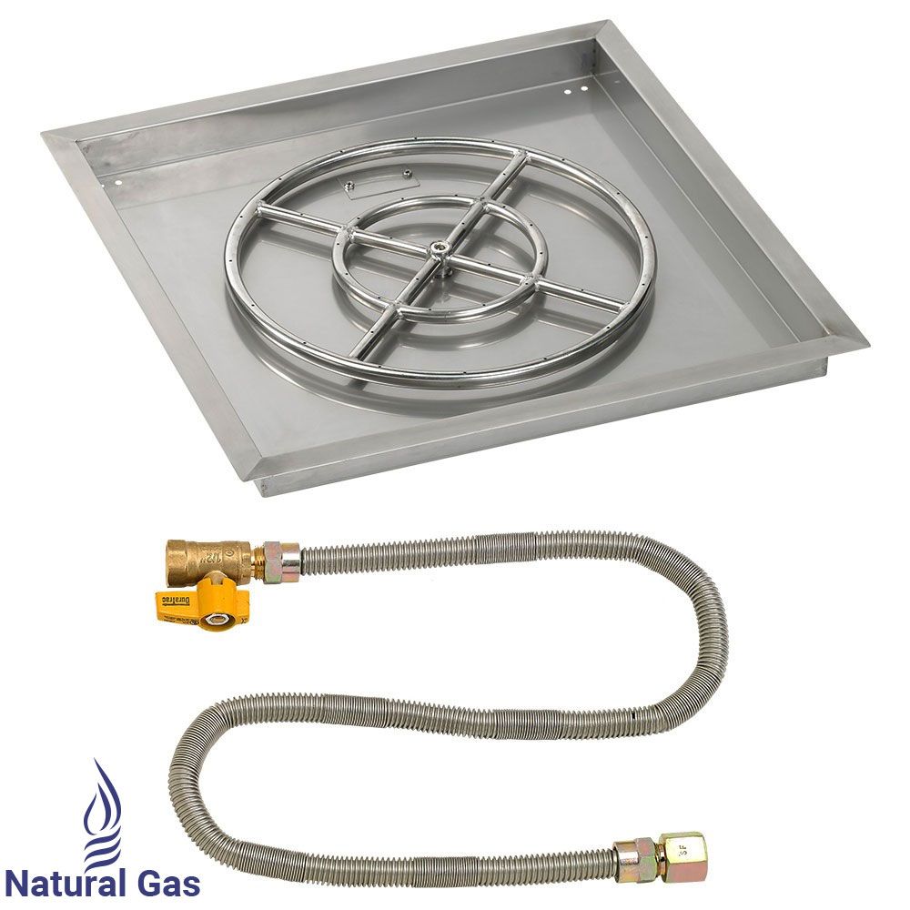 American Fireglass 24" Square Stainless Steel Drop-In Fire Pit Pan with Natural Gas Match Light Kit (18" Ring)