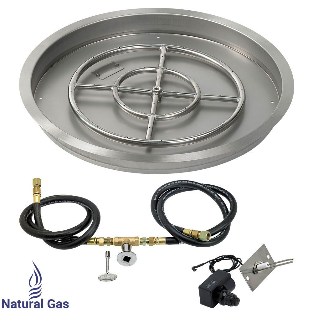 American Fireglass 25" Round Stainless Steel Drop-In Fire Pit Pan with Natural Gas Spark Ignition Kit (18" Ring)