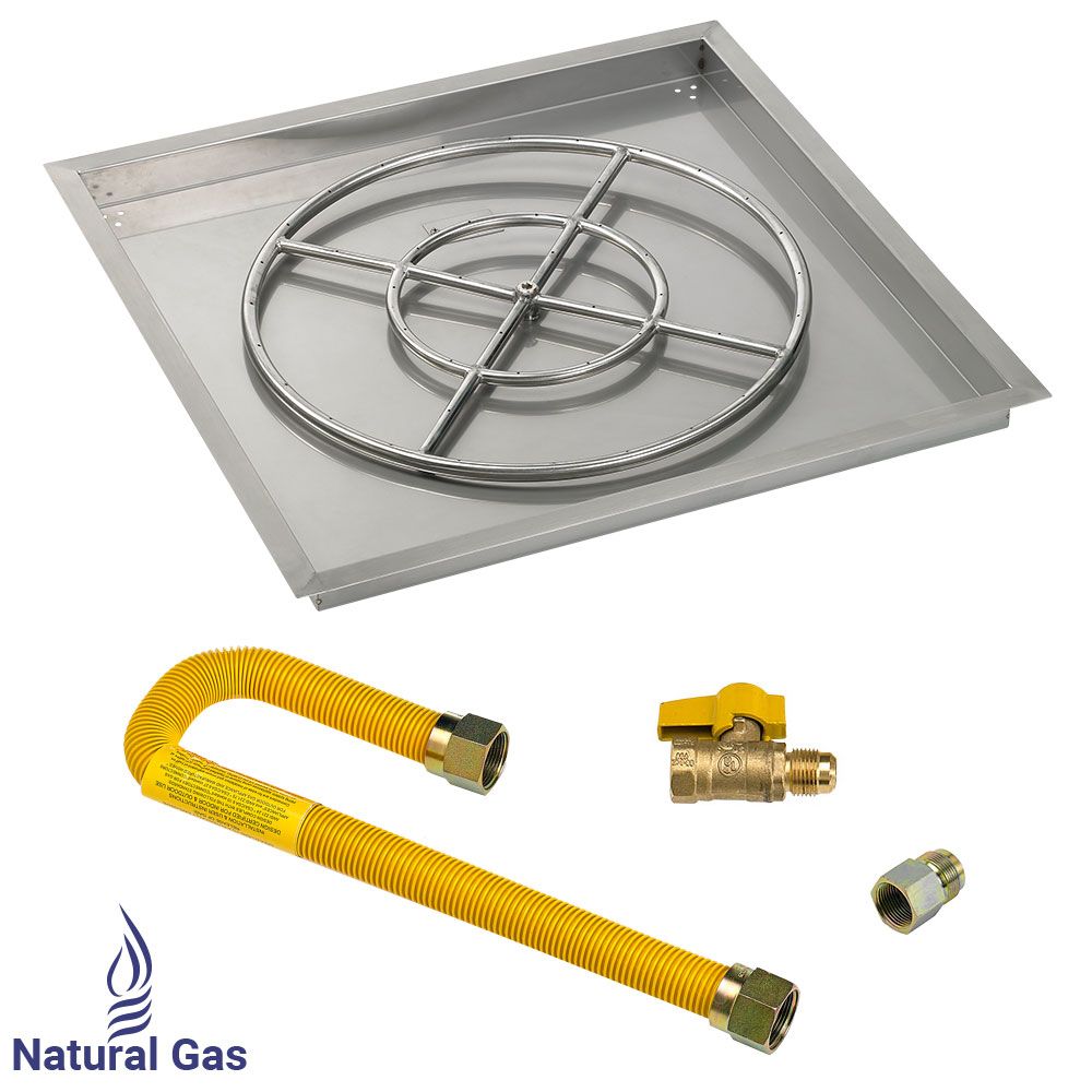 American Fireglass 30" Square Stainless Steel Drop-In Fire Pit Pan with High Capacity Natural Gas Match Light Kit (24" Ring)