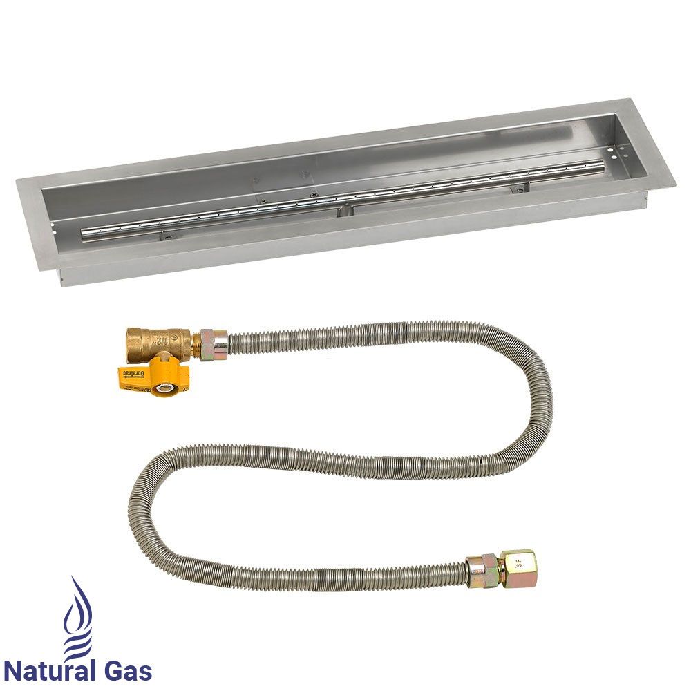American Fireglass 30"x 6" Linear Stainless Steel Drop-In Fire Pit Pan with Natural Gas Match Light Kit