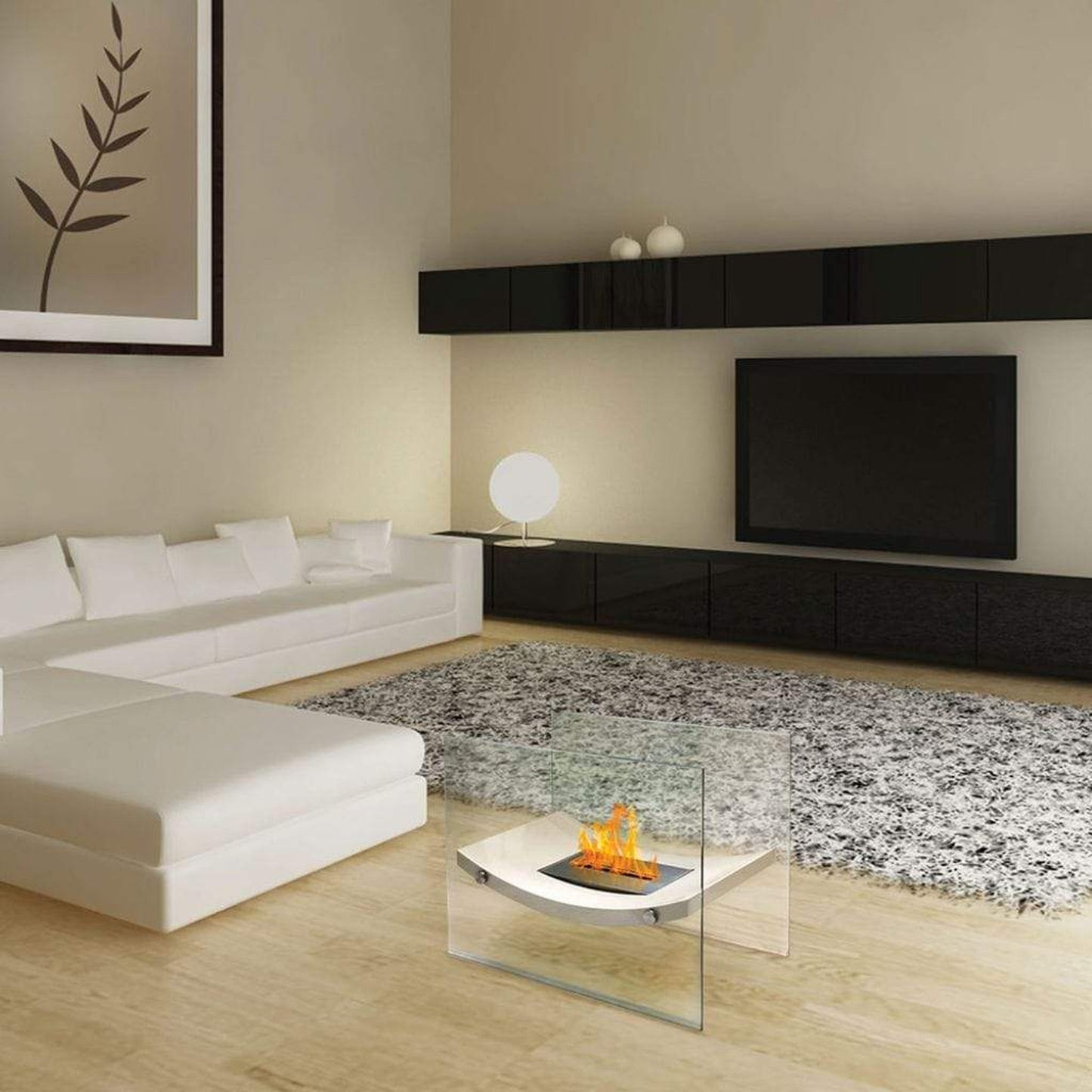 Anywhere Fireplace Broadway 18" High Gloss Beige Powder Coatmetal Floor Standing Bio-Ethanol Fireplace With Clear Tempered Glass