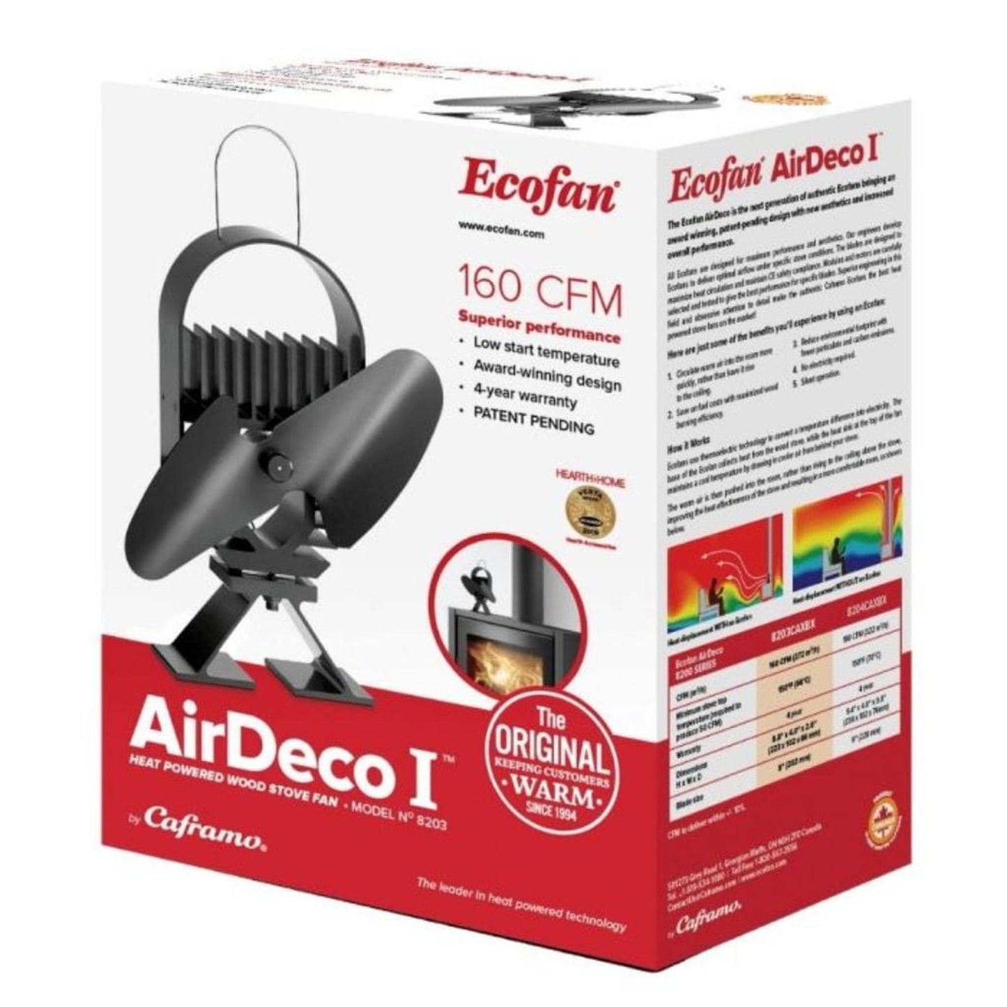 Caframo Ecofan 8" Black AirDeco I Heat Powered Wood Stove Fan