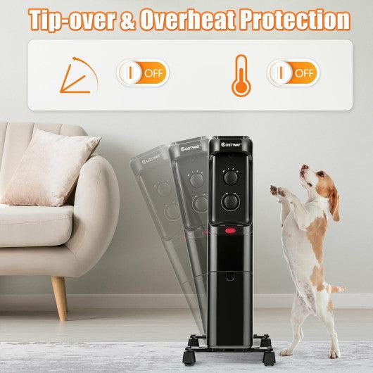 Costway 1500W Oil Filled Portable Radiator Space Heater with Adjustable Thermostat - Black