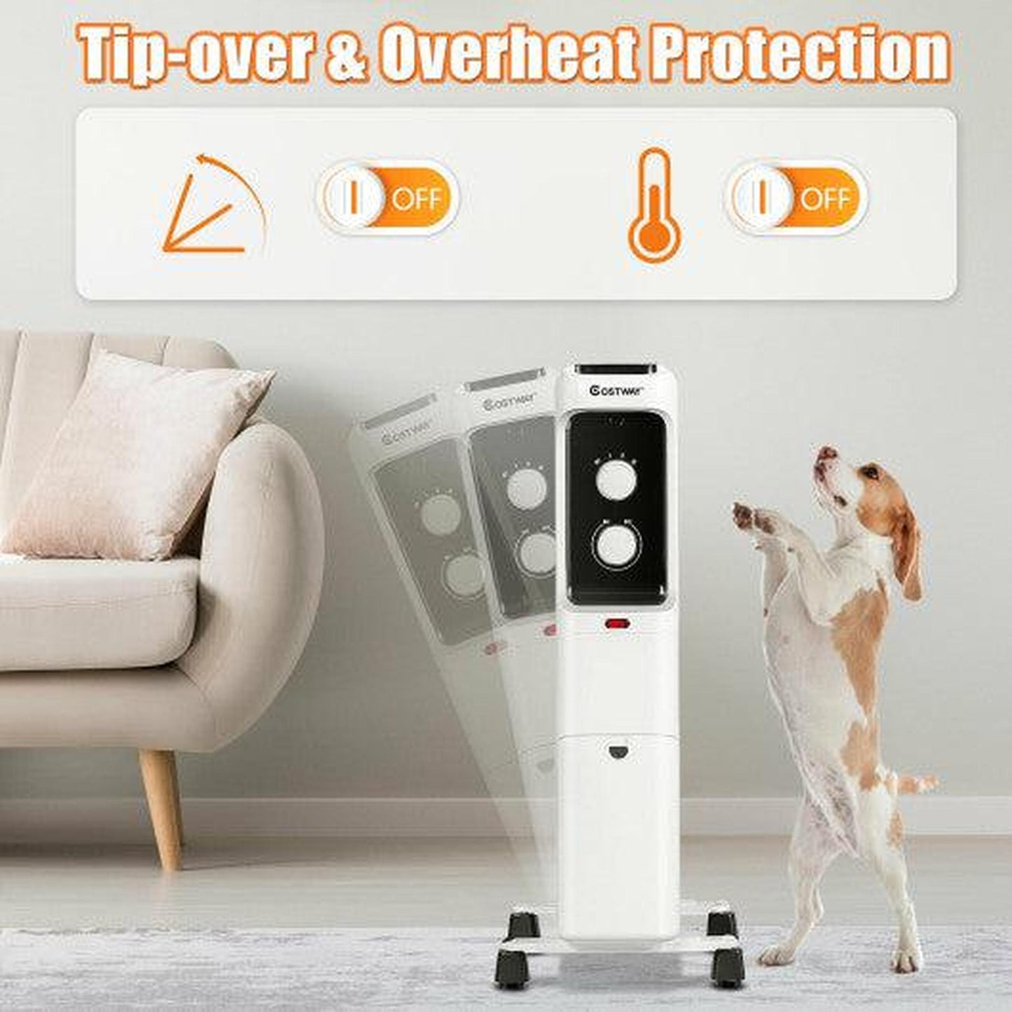 Costway 1500W Oil Filled Portable Radiator Space Heater with Adjustable Thermostat - White