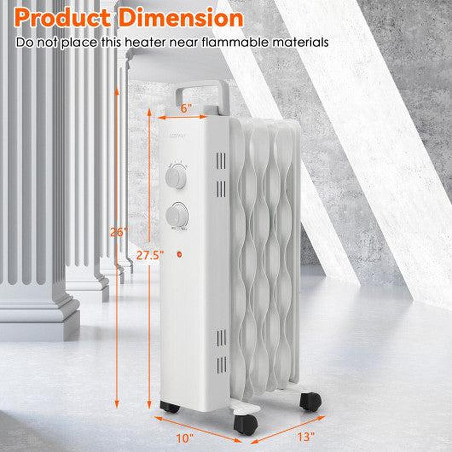 Costway 1500W Oil Filled Space Heater with Universal Wheels and 3-Level Heat - White
