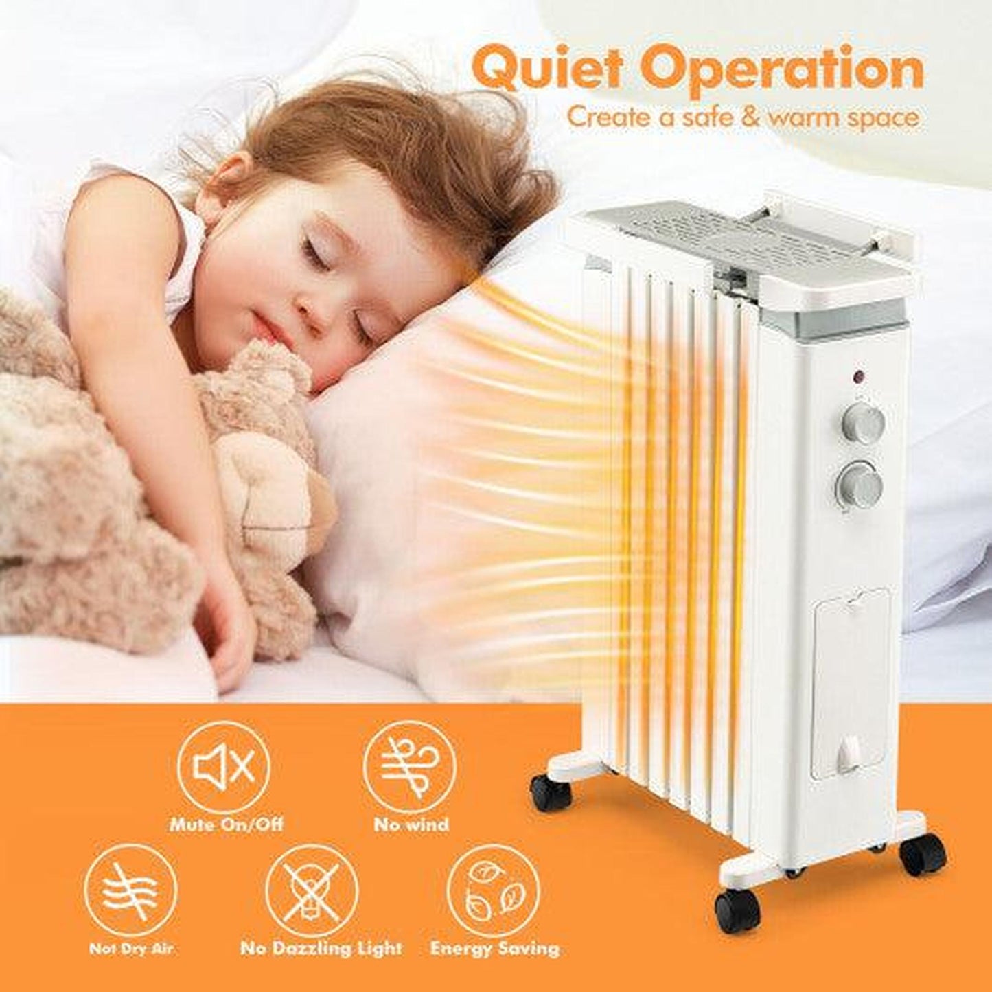 Costway 1500W Portable Oil Filled Radiator Heater with 3 Heat Settings - White