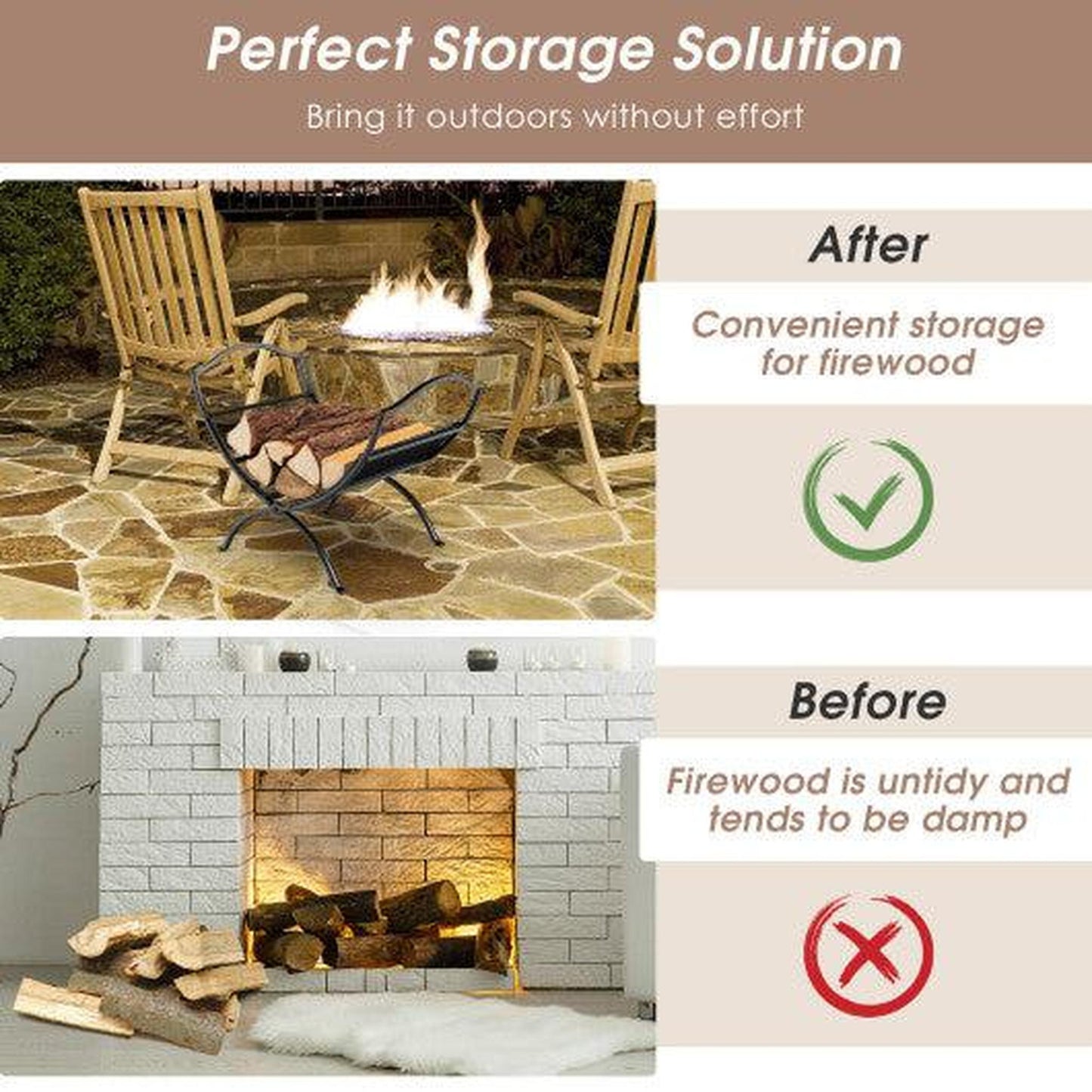 Costway 19" Black Folding Fireplace Log Rack with Convenient Handle