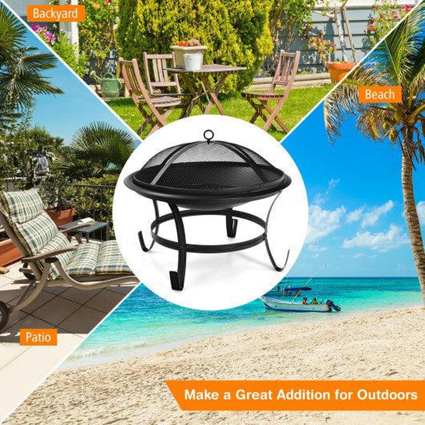 Costway 22" Steel Outdoor Fire Pit Bowl With Wood Grate