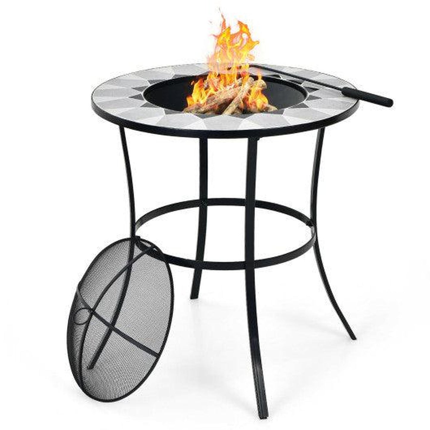 Costway 23.5" Round Fire Pit Table with Mesh Cover and Fire Poker