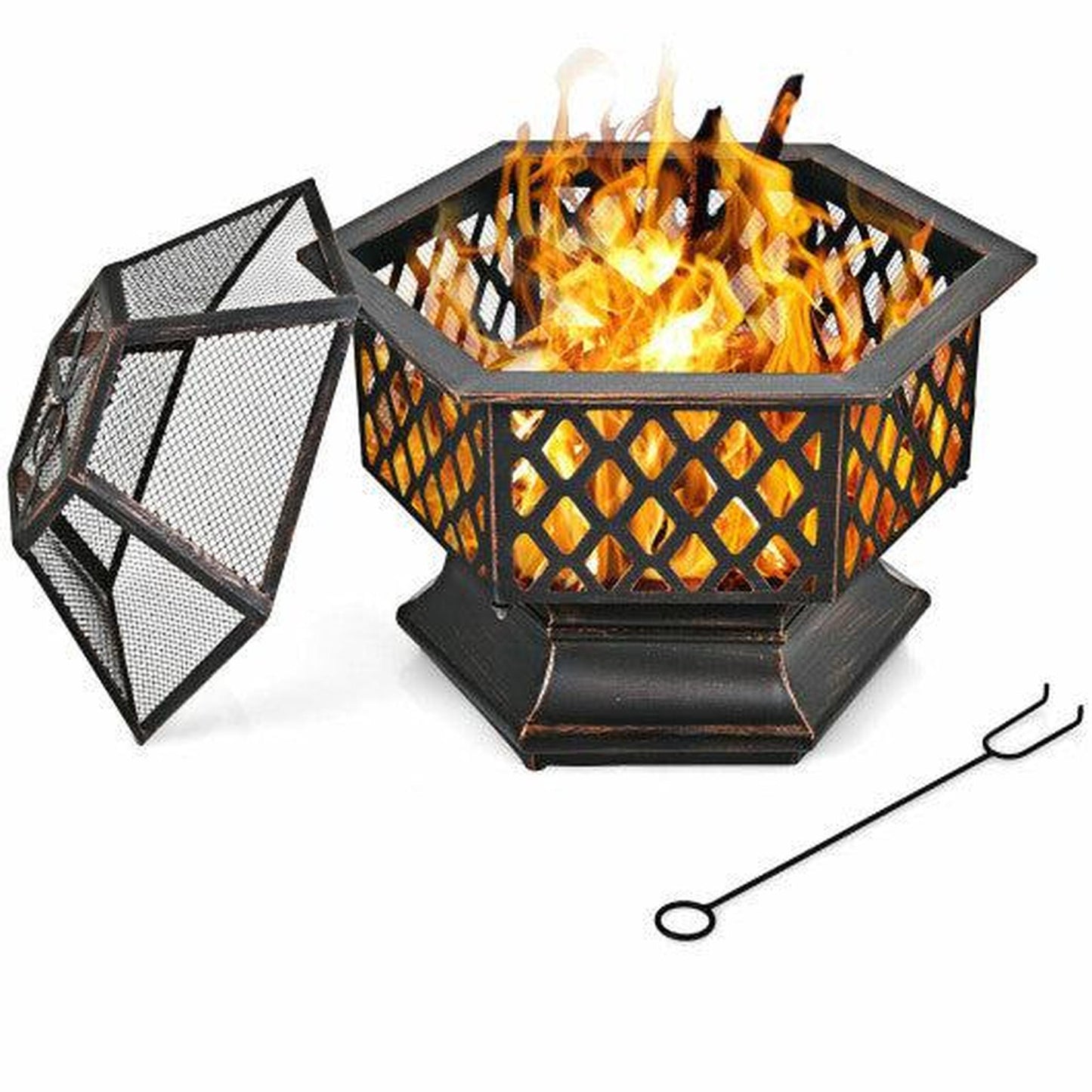 Costway 26" Hex-Shaped Portable Wood Burning Firepit Bowl with Screen Cover and Poker