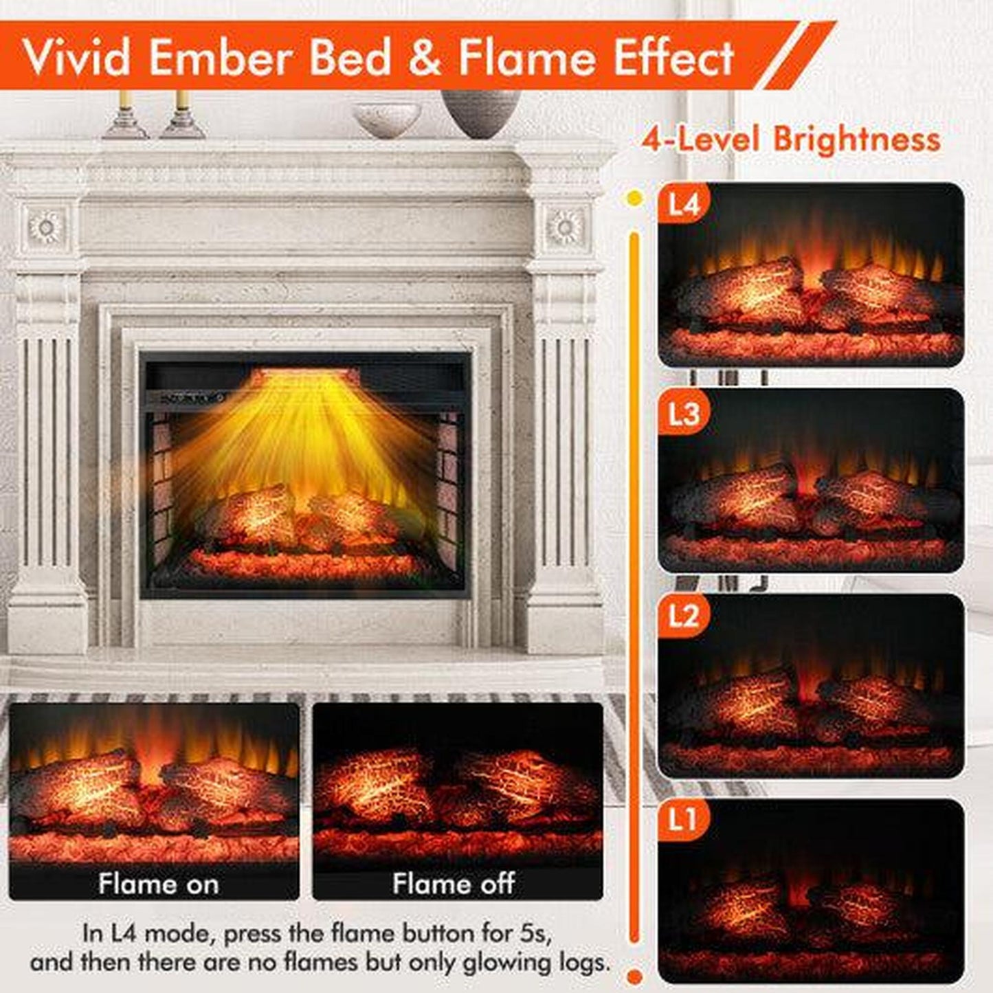 Costway 26" Infrared Electric Fireplace Insert with Remote Control