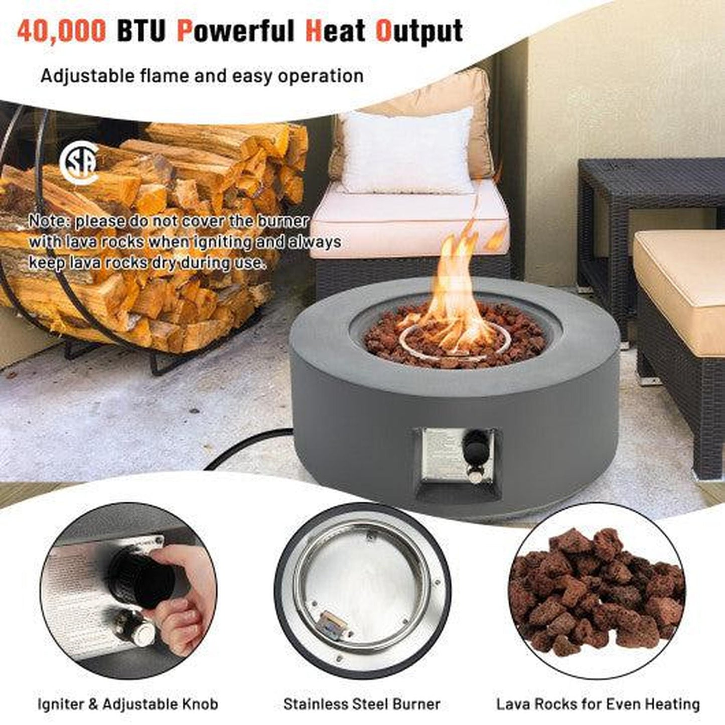 Costway 27.5" Gray Round Gas Fire Pit Table with Adjustable Flame