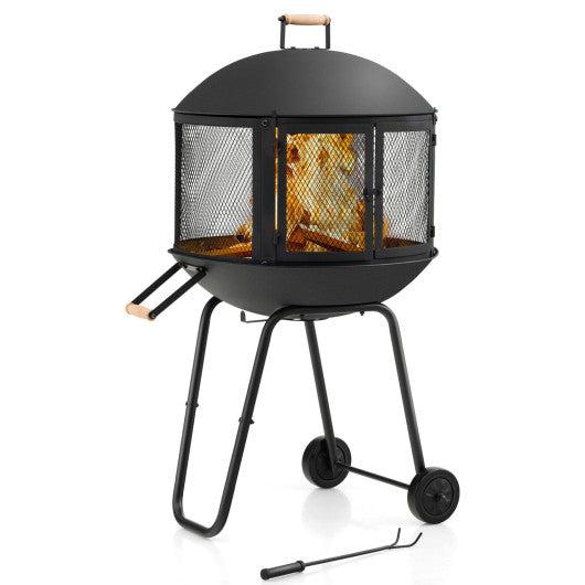 Costway 28" Black Portable Fire Pit on Wheels with Log Grate