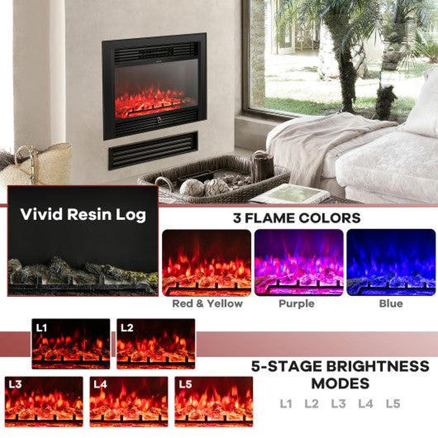 Costway 28.5" 750W/1500W Electric Fireplace insert with Adjustable Flame Color and Timer