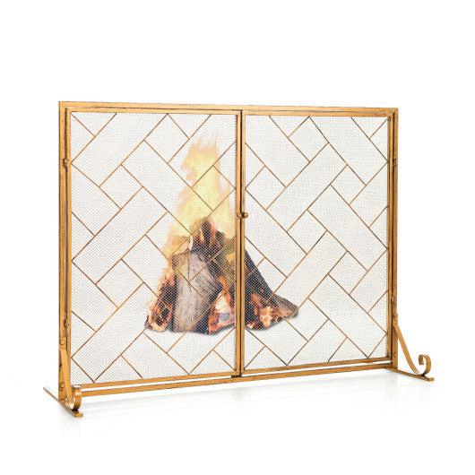 Costway 3-Panel Golden Folding Wrought Iron Fireplace Screen with Doors and 4 Pieces Tools Set