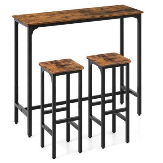 Costway 3 Pieces Rustic Brown Industrial Bar Table and Chairs Set with Metal Frame