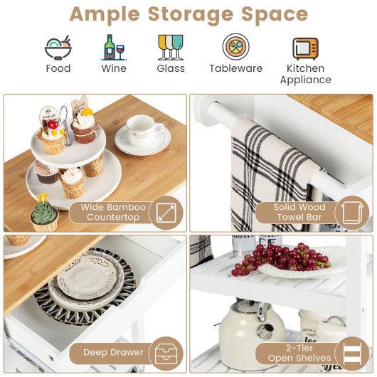 Costway 3-Tier White Kitchen Island Cart Rolling Service Trolley with Bamboo Top