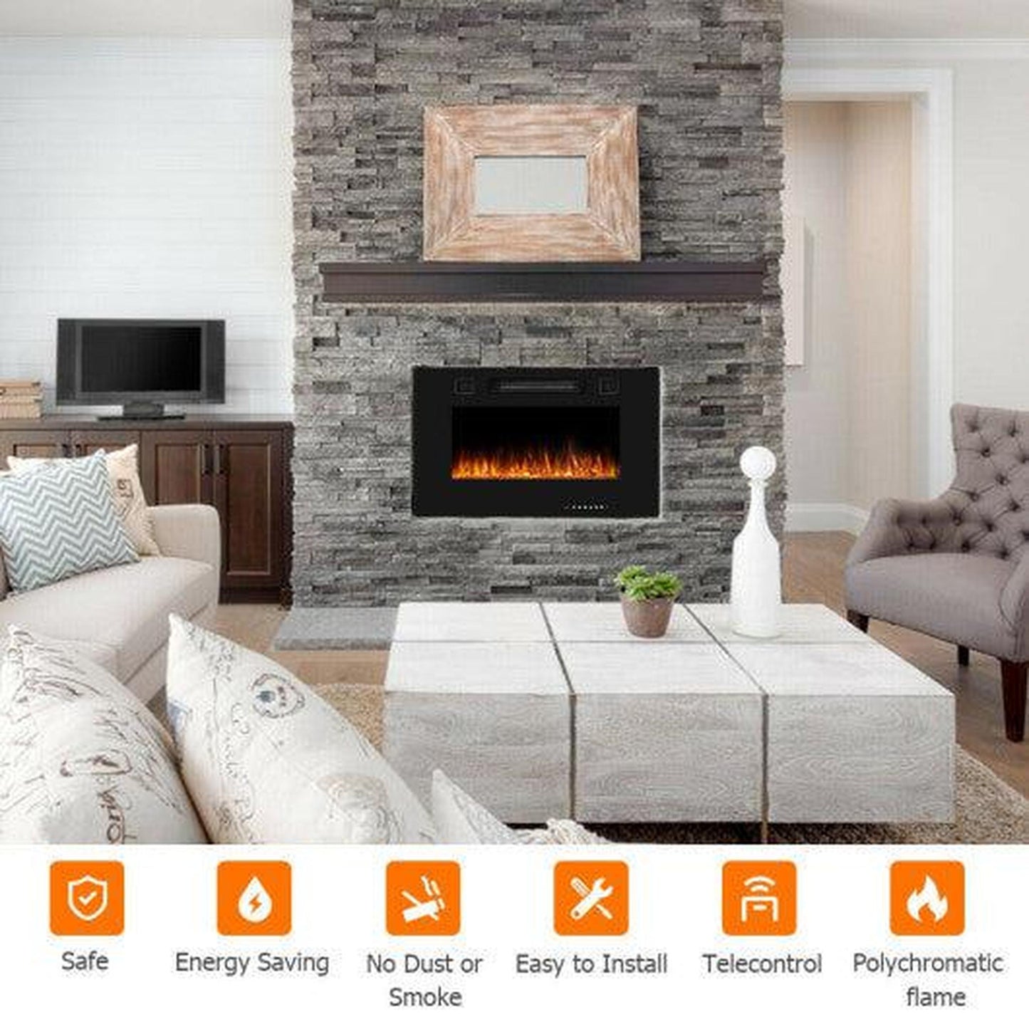 Costway 30" Recessed Ultra Thin Electric Fireplace Heater with Glass Appearance