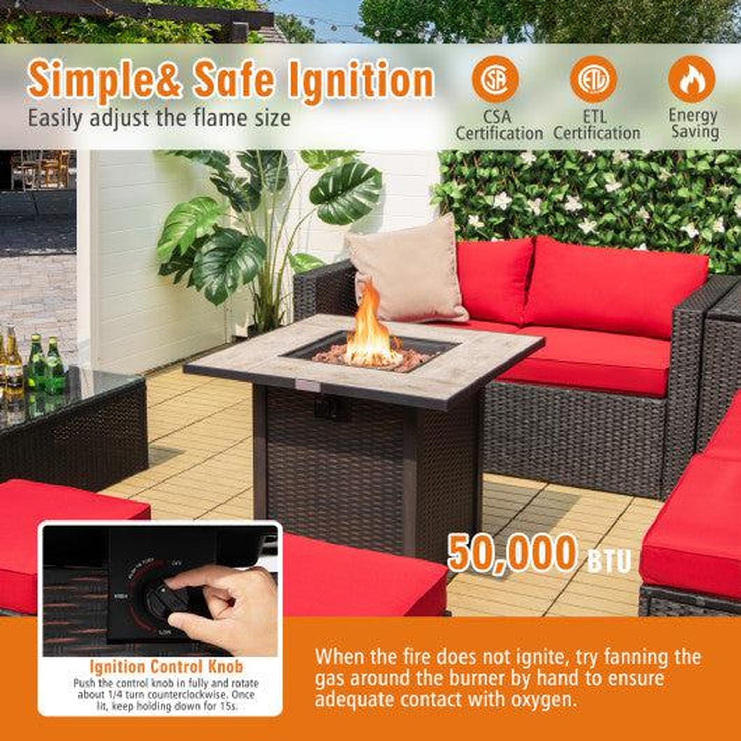 Costway 30" Square Propane Gas Fire Pit Table Ceramic Tabletop