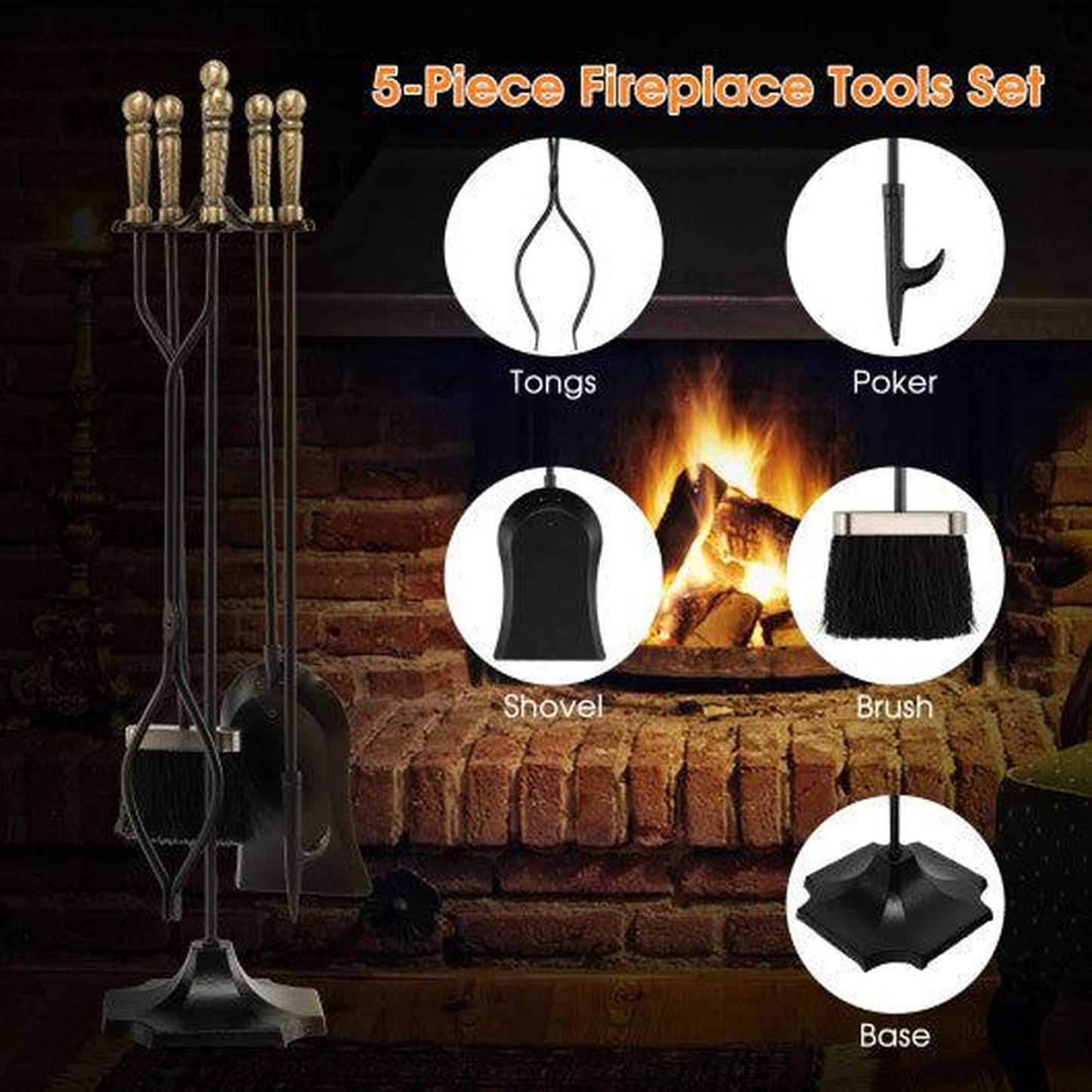 Costway 31" Bronze 5 Pieces Metal Fireplace Tool Set with Stand