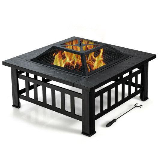 Costway 32" 3-in-1 Outdoor Square Fire Pit Table with BBQ Grill and Rain Cover for Camping