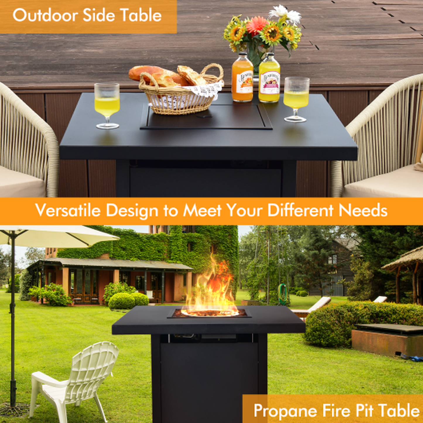 Costway 32" 40,000 BTU Propane Fire Pit Table with Lid and Fire Glass
