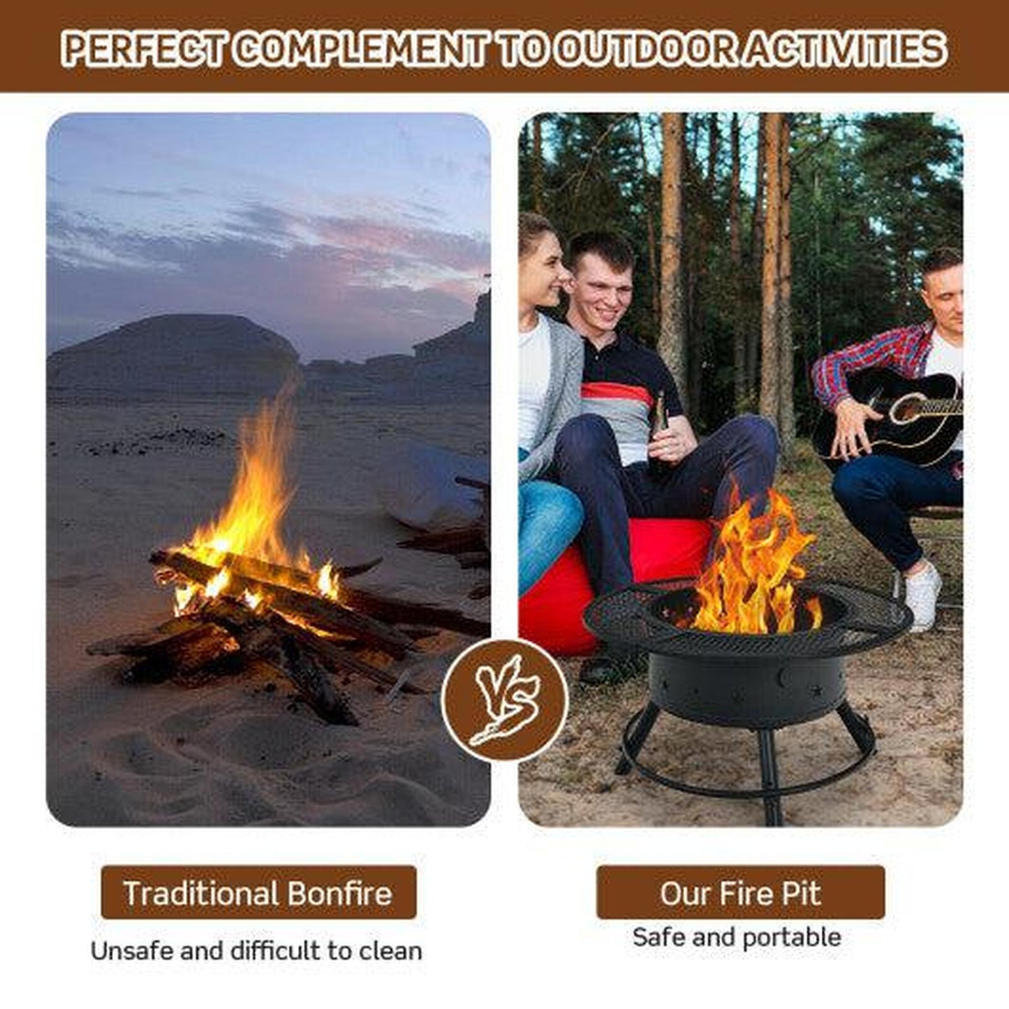 Costway 32" Outdoor Wood Burning Fire Pit with 360° Swivel BBQ Grate