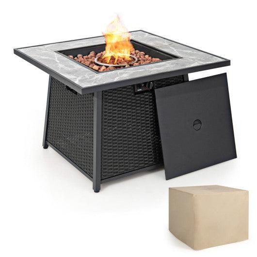 Costway 35" Black Liquid Propane Gas Fire Pit Table Wicker Rattan with Lava Rocks PVC Cover