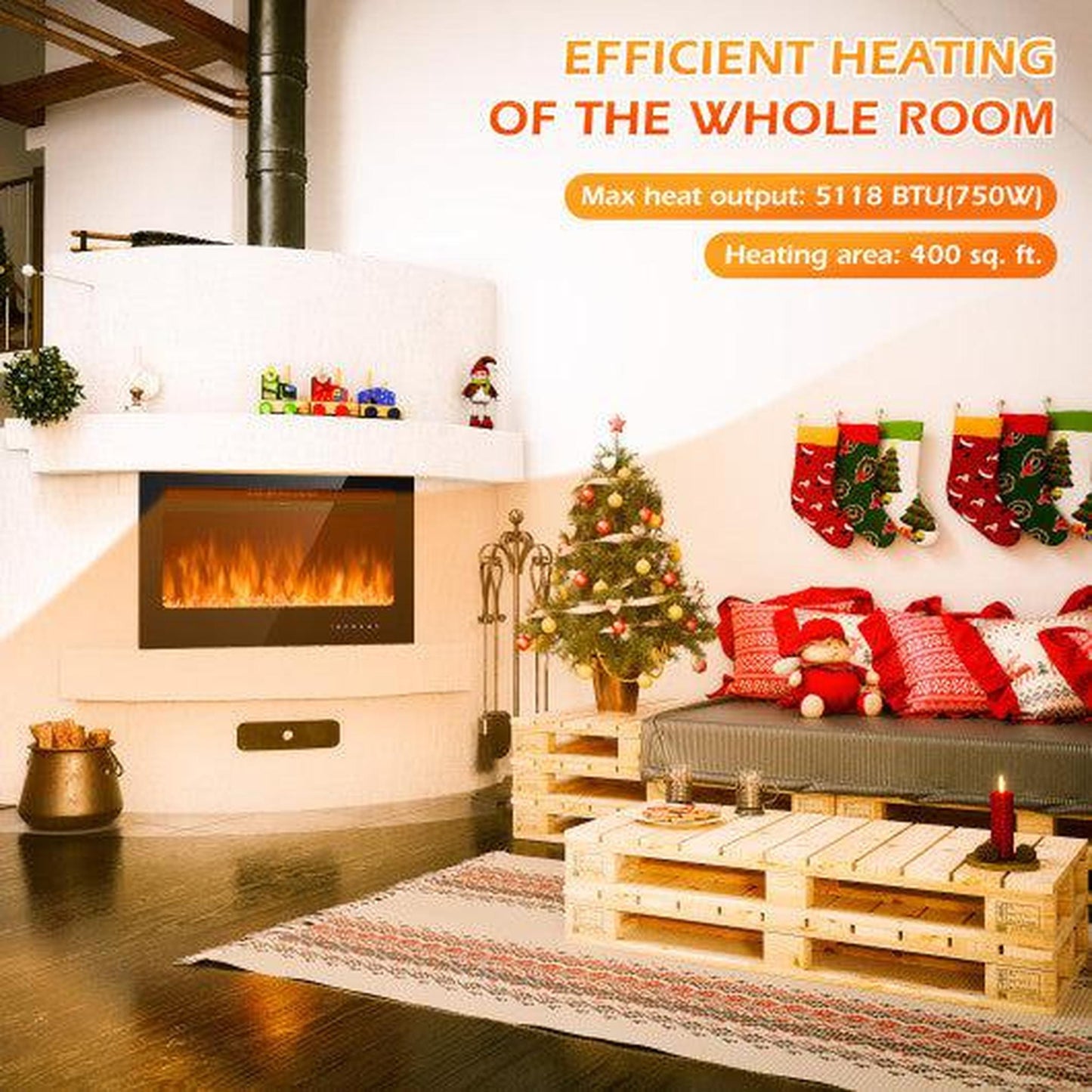 Costway 36" Electric Fireplace Insert Wall Mounted with Timer