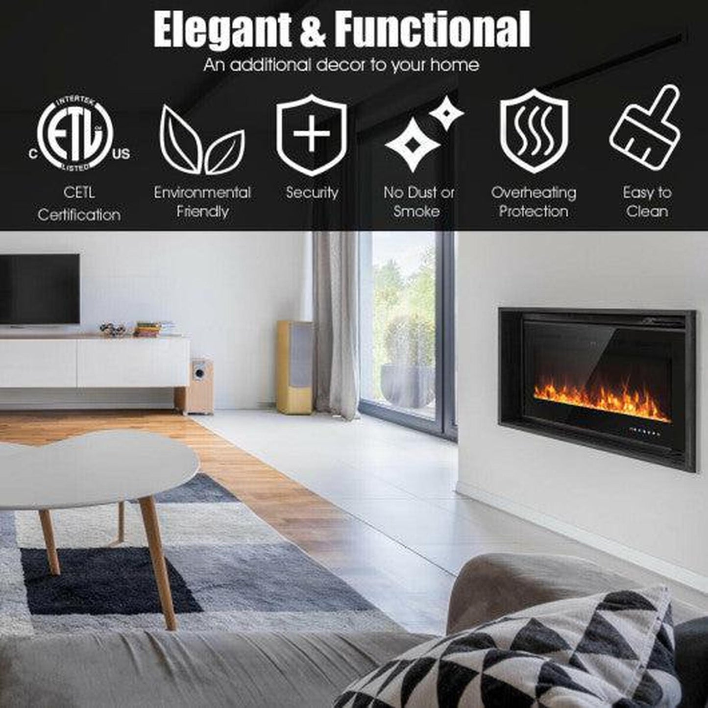 Costway 40" Electric Fireplace Recessed with Thermostat