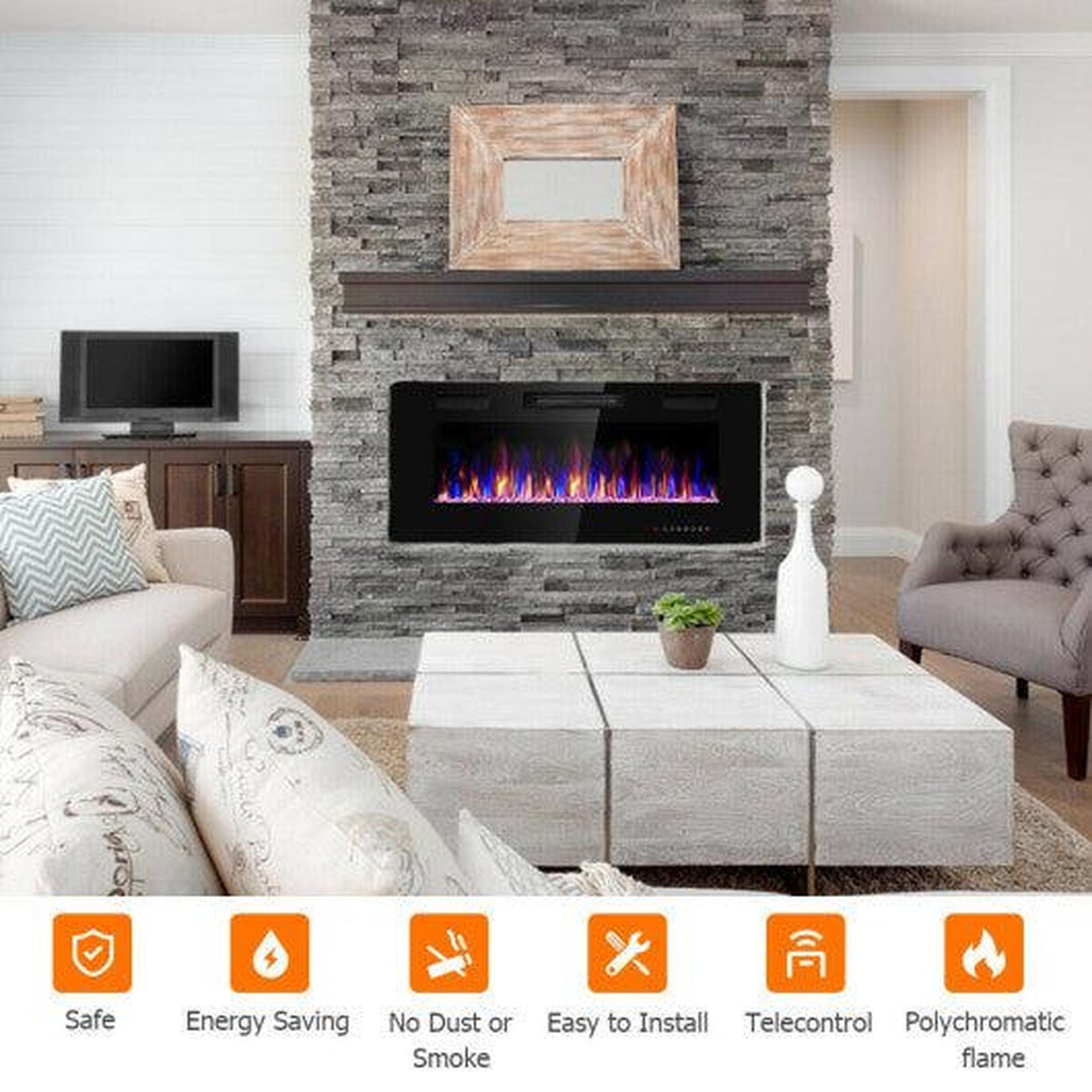 Costway 42" Recessed Ultra Thin Electric Fireplace with Timer