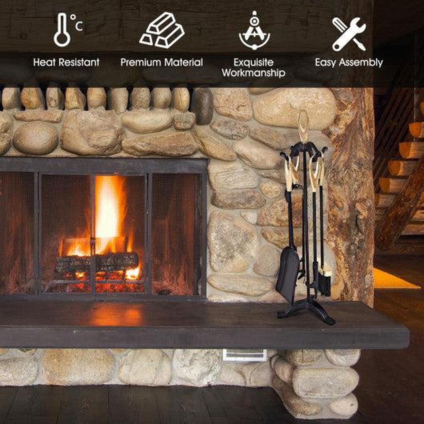 Costway 5 Pieces Stylish Gold Iron Fireplace Tools Set
