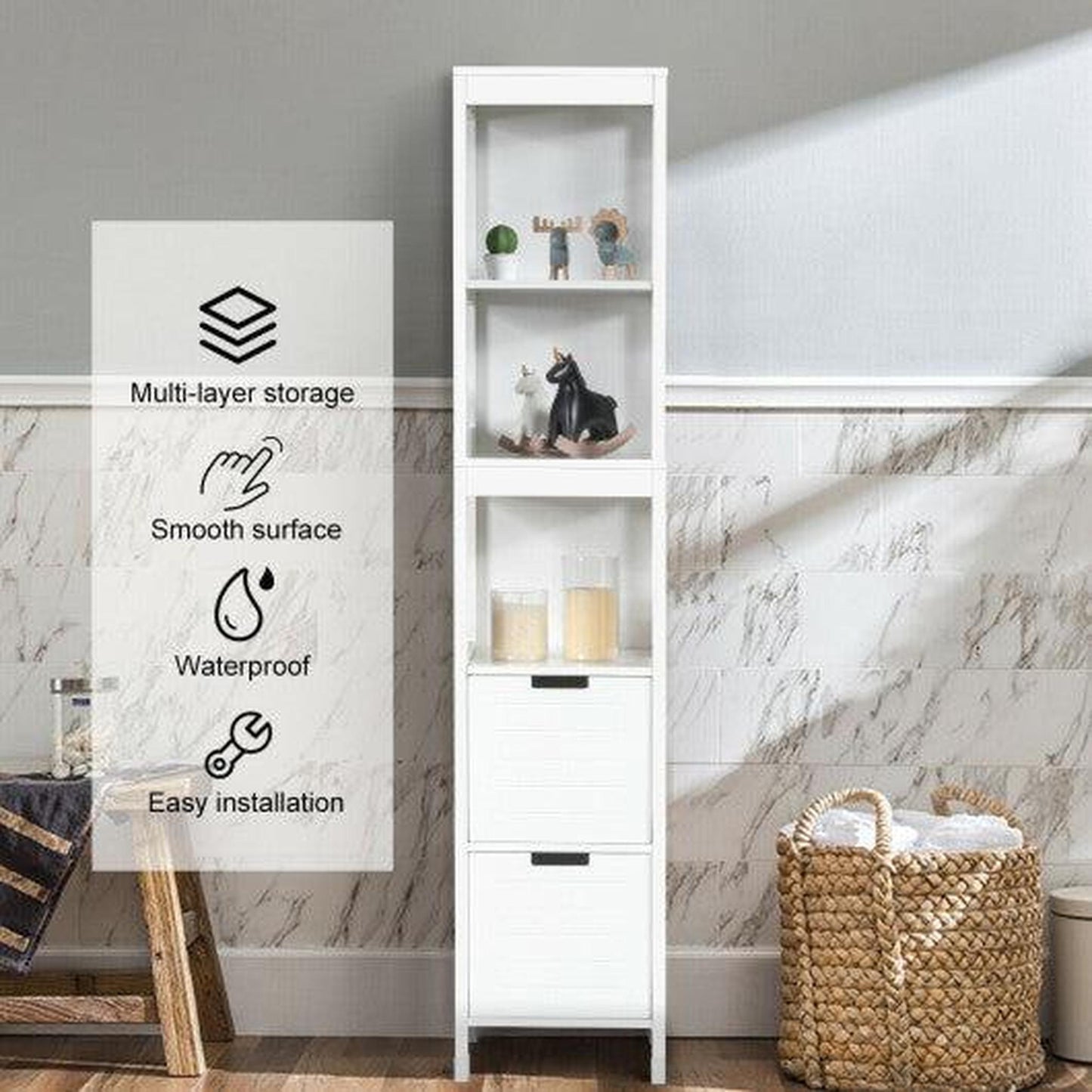 Costway 5-Tier Multifunctional Bathroom Floor Cabinet Storage with 2 Drawers