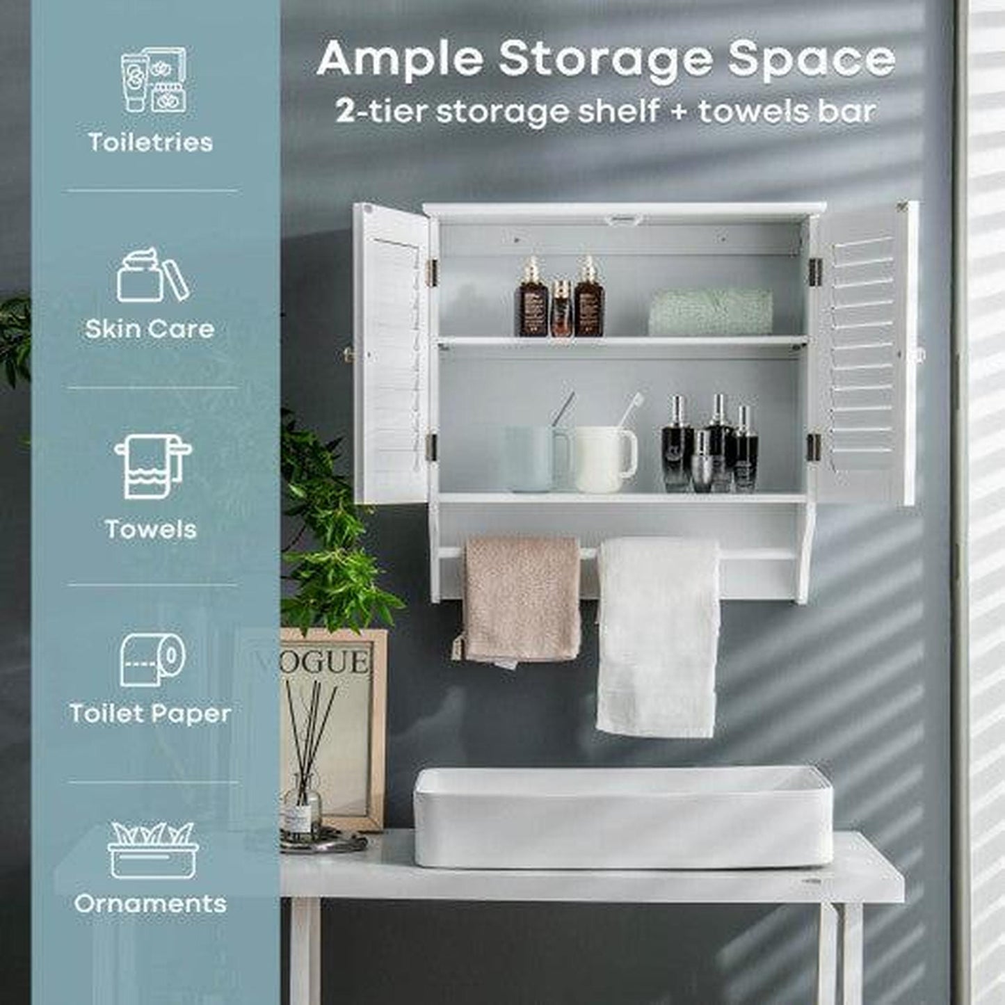 Costway Bathroom Medicine Cabinet with Height Adjustable Shelf and Towels Bar
