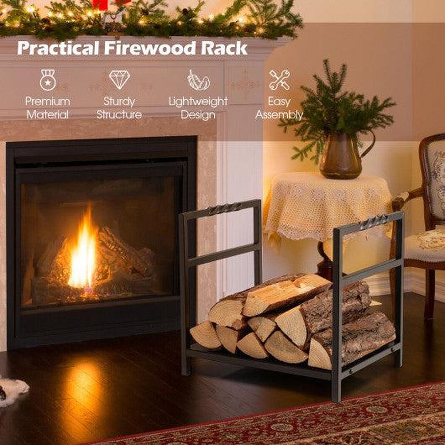 Costway Black Firewood Log Rack with Unique Handle and Raised Feet