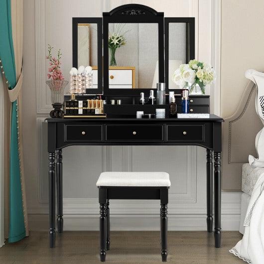 Costway Black Makeup Dressing Table with Tri-Folding Mirror and Cushioned Stool for Women