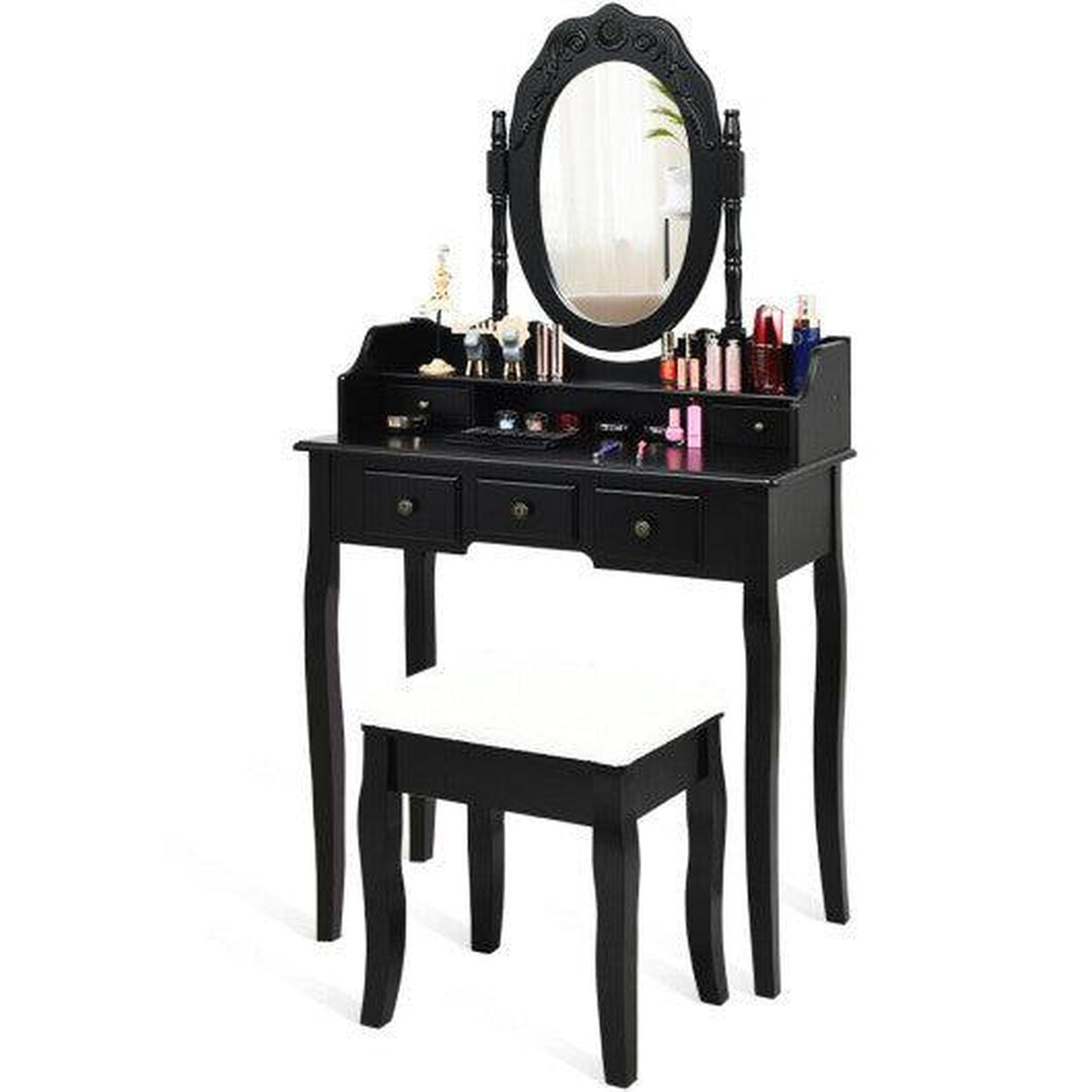 Costway Black Modern Bedroom Wood Dressing Table with Storage Shelf and Cushioned Stool