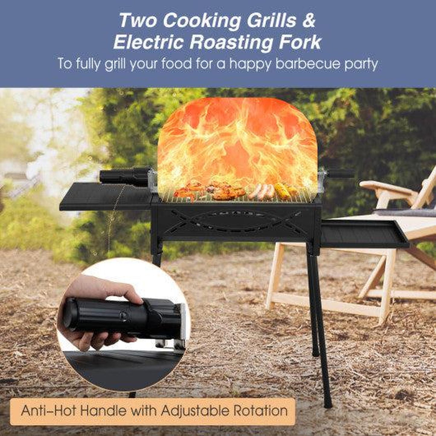 Costway Black Portable Charcoal Grill with Electric Roasting Fork