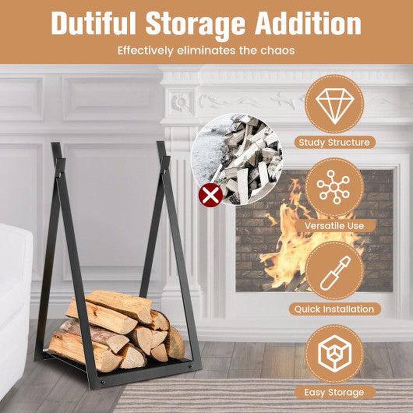 Costway Black Triangle Firewood Rack with Raised Base for Fireplace Fire Pit
