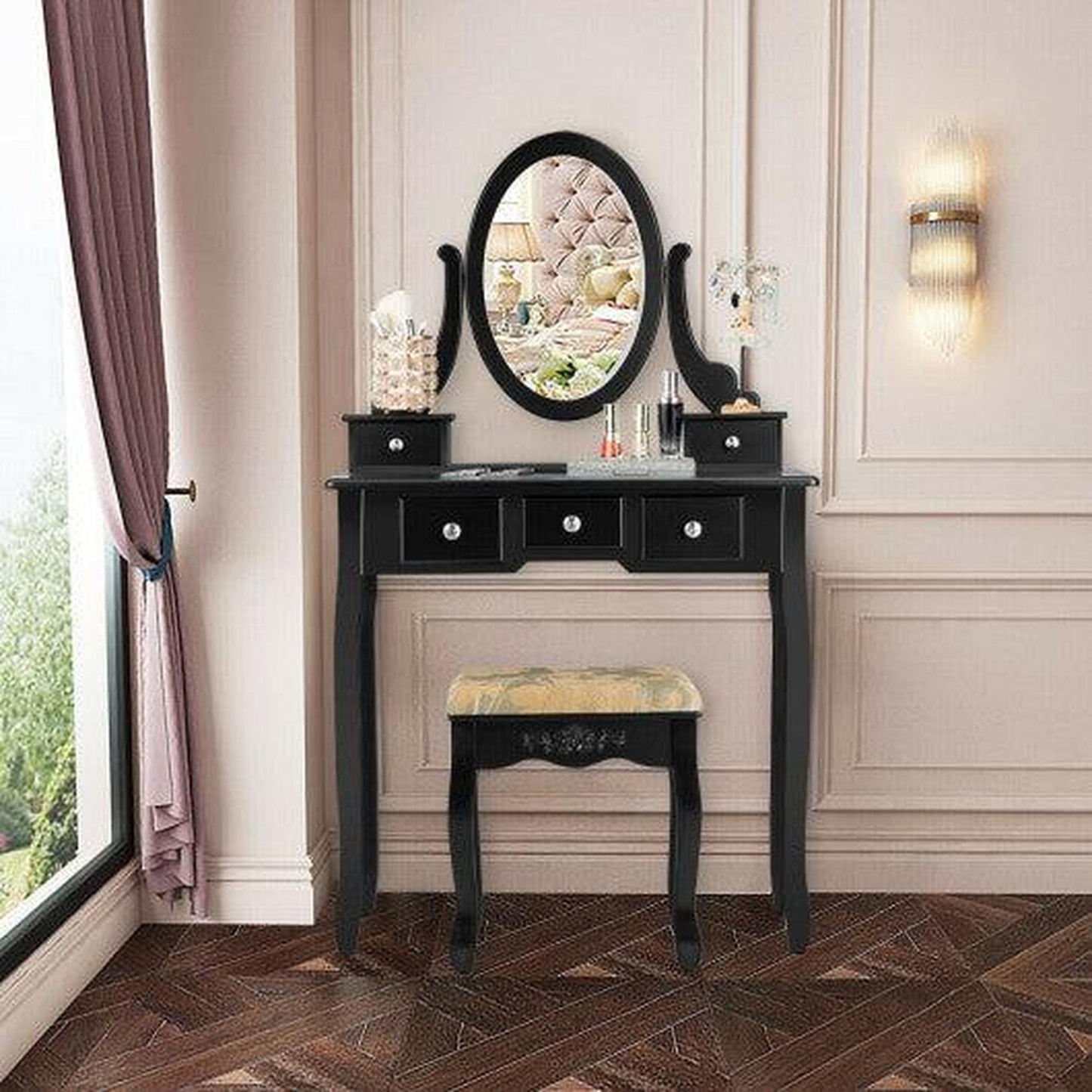 Costway Black Vanity Make Up Table Set Dressing Table Set with 5 Drawers