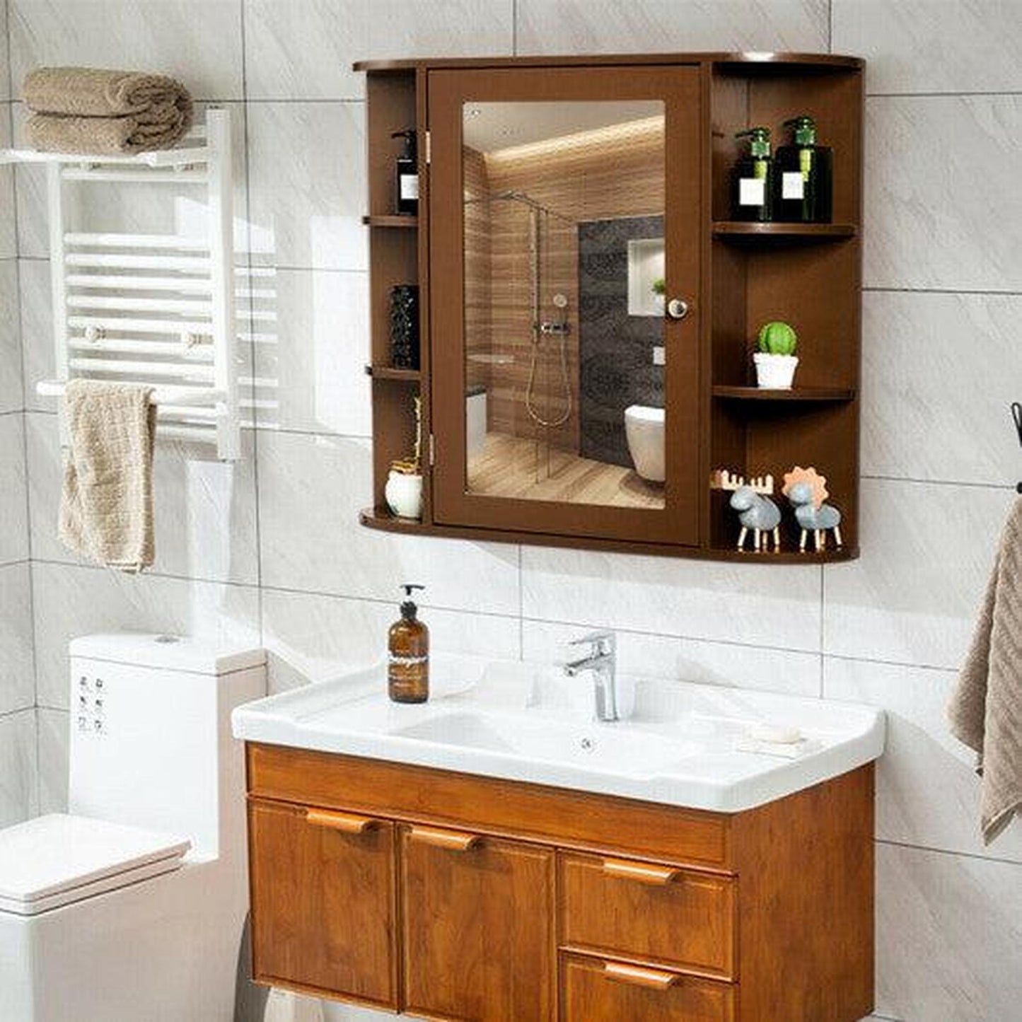 Costway Brown Multipurpose Mount Wall Surface Bathroom Storage Cabinet with Mirror