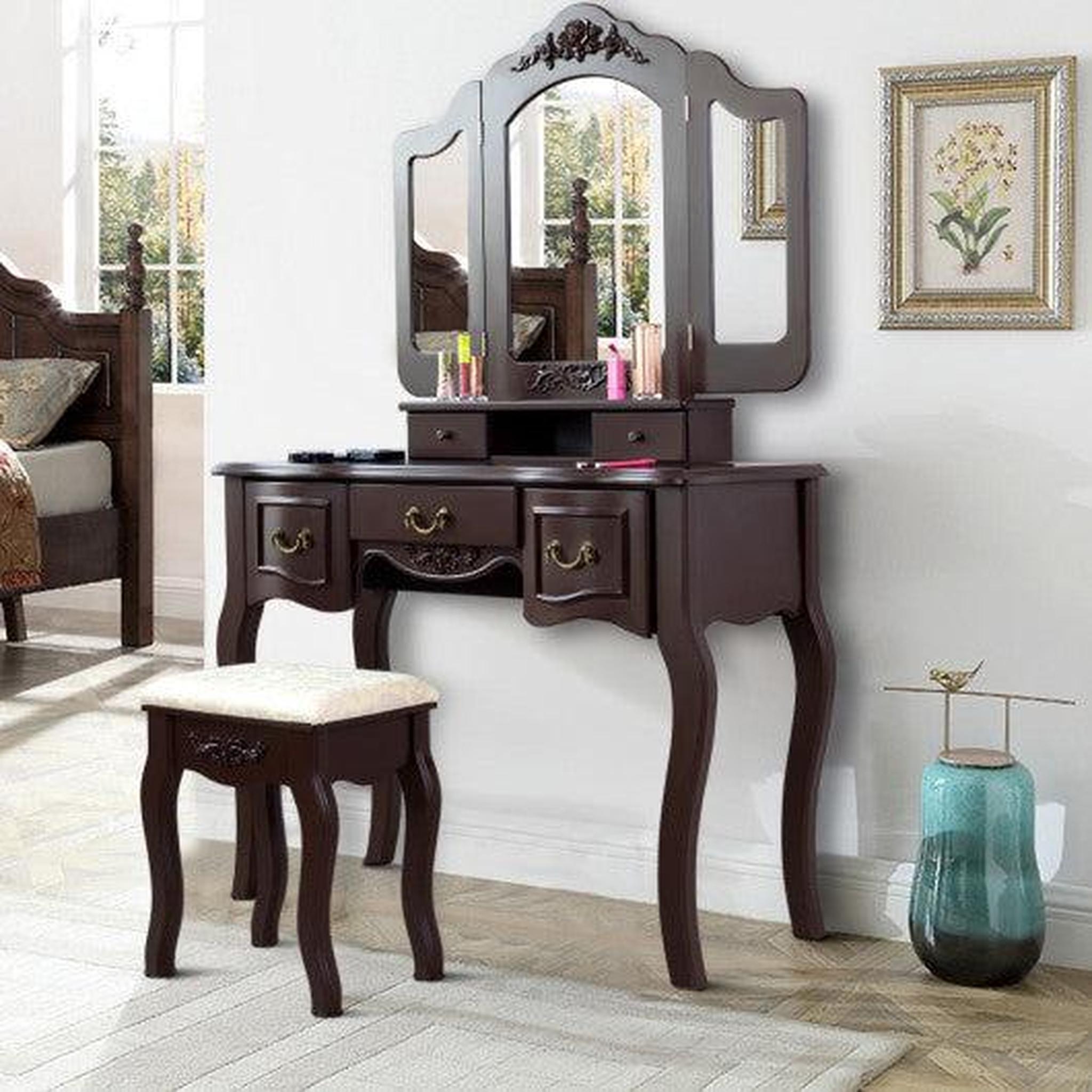 Costway Brown Tri Folding Vintage Vanity Makeup Dressing Table Set 5 Drawers