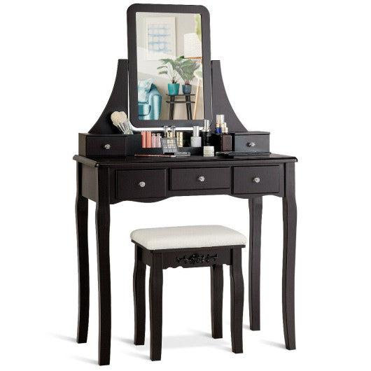 Costway Brown Vanity Set of Mirror Drawers Storage Box Makeup